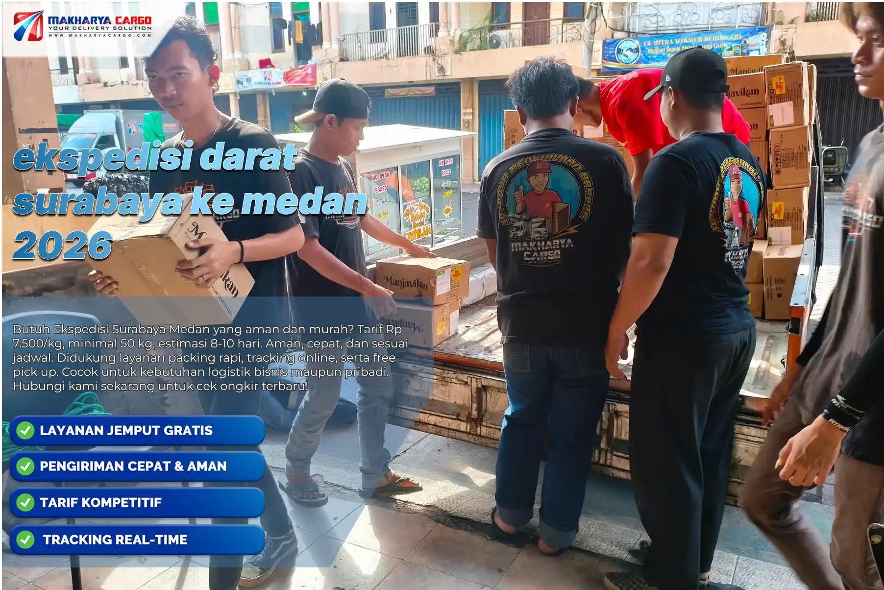 Proses pengiriman barang menggunakan ekspedisi darat Surabaya ke Medan dengan armada logistik untuk distribusi antarkota.