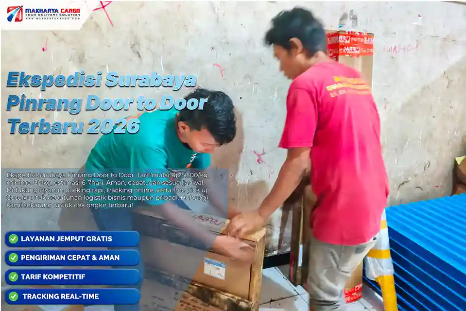Cari ekspedisi Surabaya Pinrang door to door dengan pickup, tarif, estimasi, proses, dan ketentuan pengiriman.