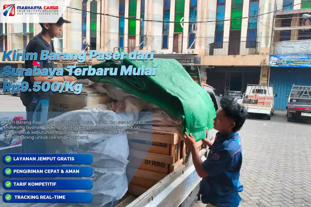 Kirim barang Paser dari Surabaya dengan tarif mulai Rp9.500/kg, minimal 100 kg, dan estimasi 5–7 hari.