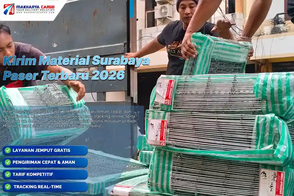 Kirim material Surabaya Paser dengan cargo bahan proyek. Cek tarif mulai Rp9.500/kg, minimum 100 kg, estimasi 5–7 hari