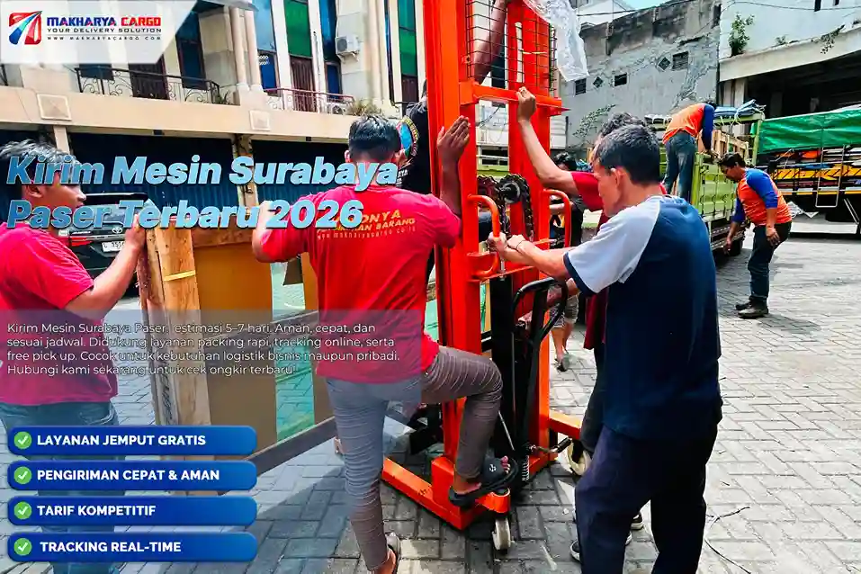 Kirim mesin Surabaya Paser dengan cargo untuk muatan berat. Cek tarif Rp9.500/kg, estimasi 5–7 hari