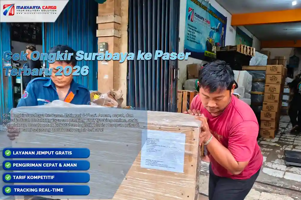 Cek ongkir Surabaya ke Paser dengan tarif acuan Rp9.500/kg, minimum 100 kg, dan estimasi 5–7 hari.