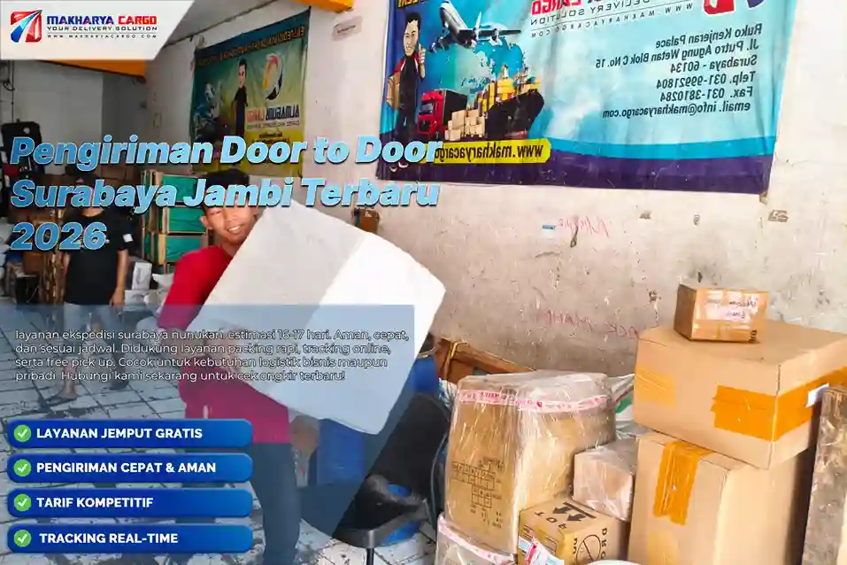 Layanan door to door Surabaya Jambi dengan pickup, tarif mulai Rp6.500/kg, minimal 50 kg, dan estimasi 7–9 hari.