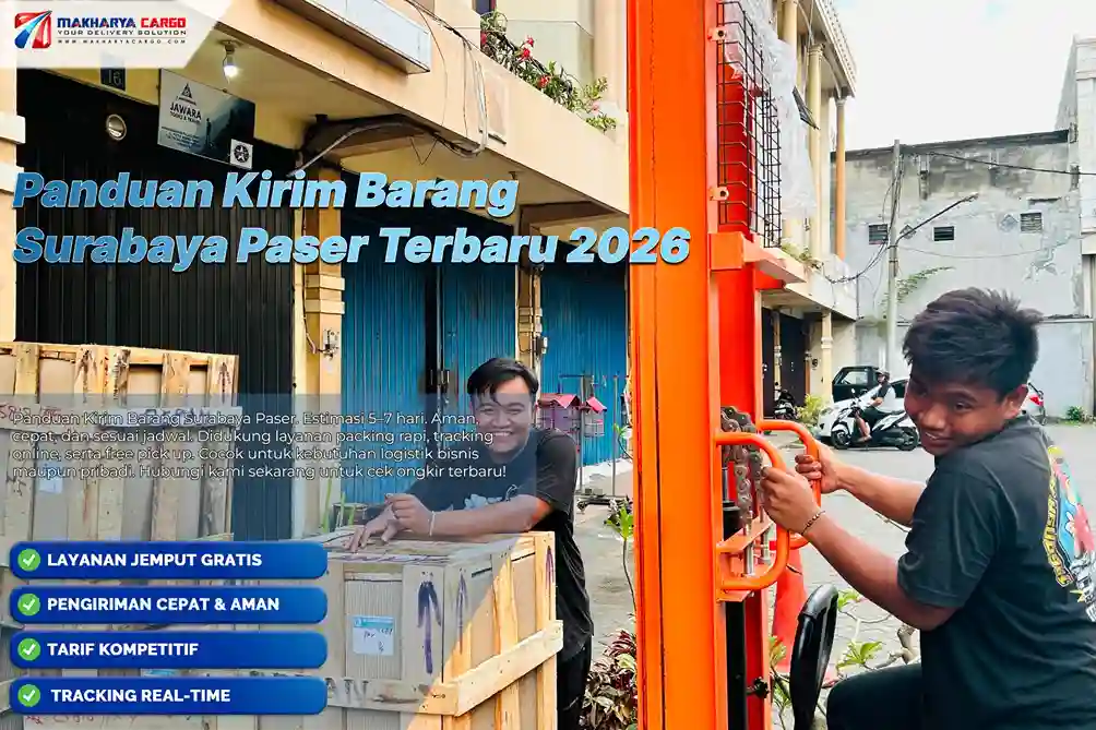 Panduan kirim barang Surabaya Paser untuk pemula, mulai dari tarif Rp9.500/kg, minimum 100 kg, estimasi 5–7 hari